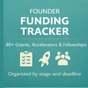Founder Funding Tracker cover showing 80+ grants, accelerators, and fellowships organized by stage and deadline for startup founders.